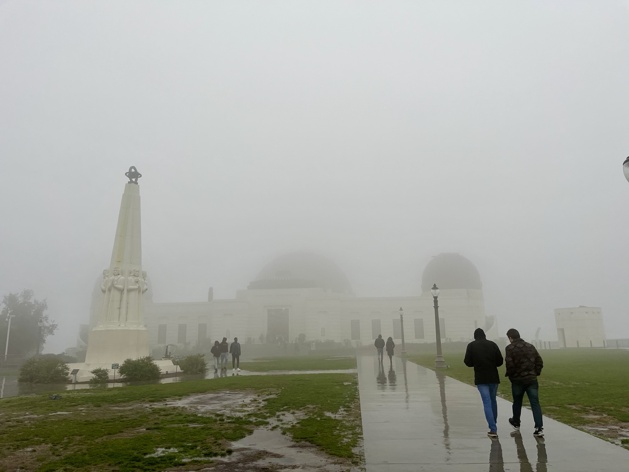 view of Griffith Observatory in the rain and mist