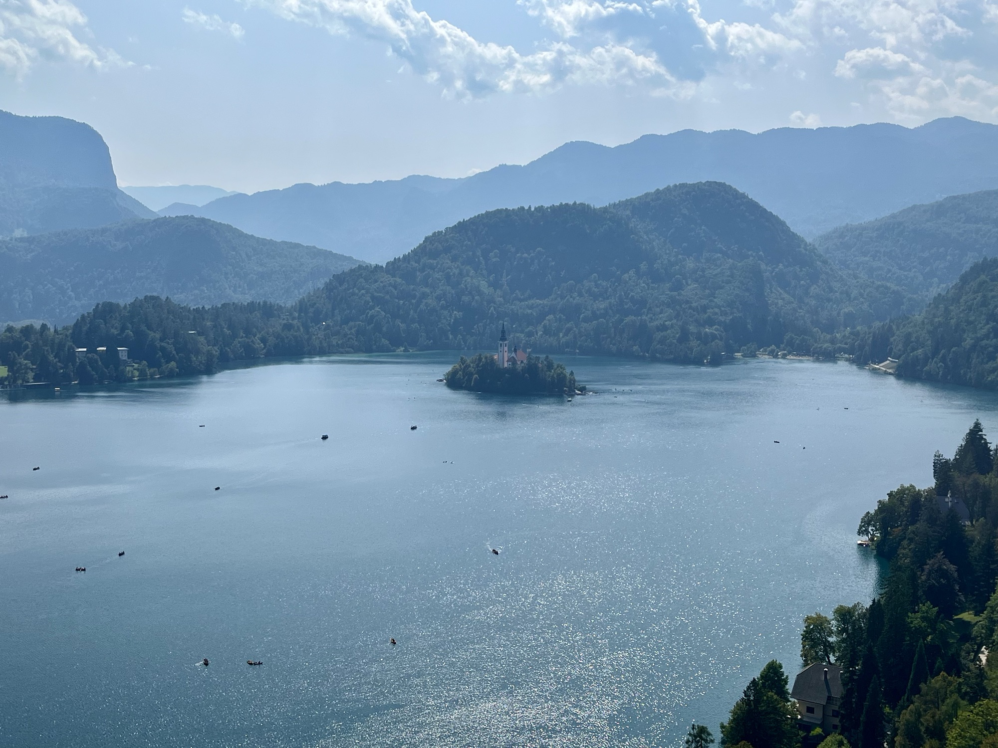 view of island in Lake Bled from Bled Castle