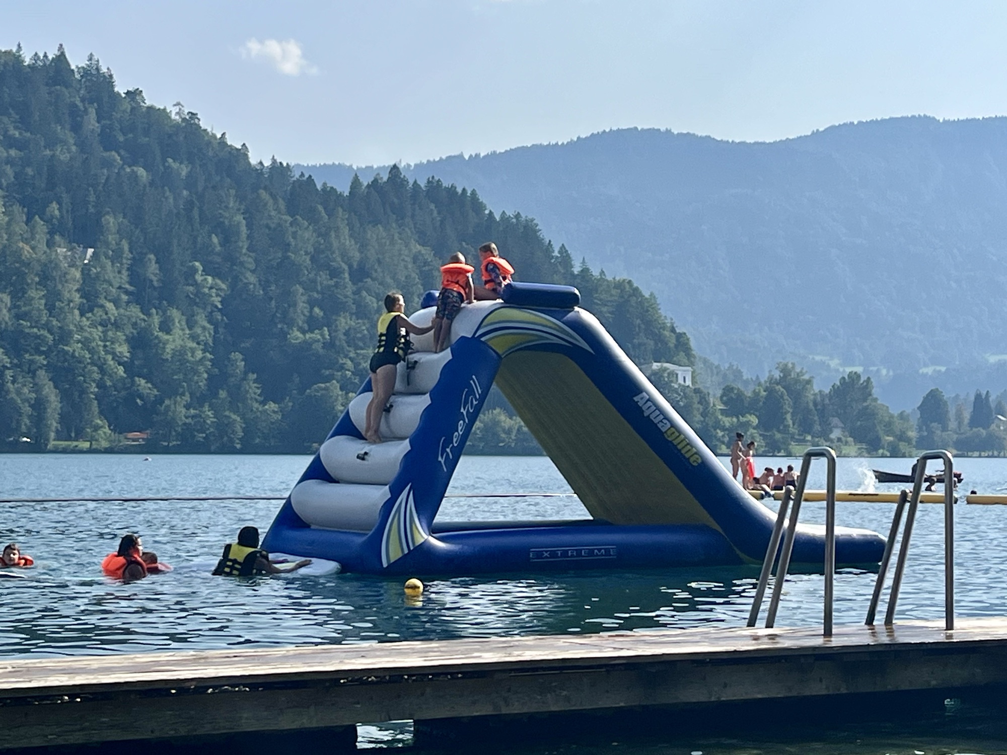 playing on floatable water structures on lake Bled