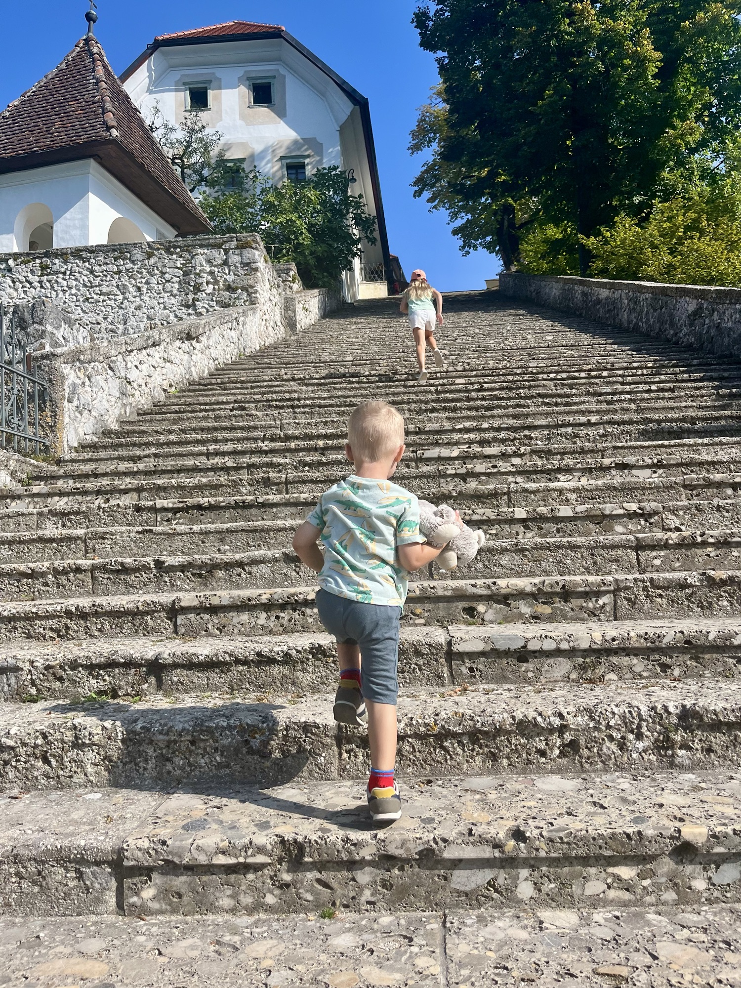 climbing the stairs on the island in Lake Bled